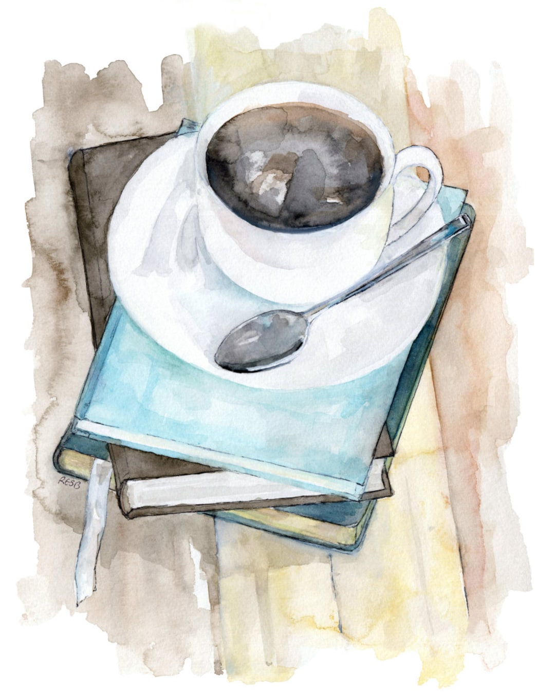 絵画。原画【コーヒーカップの熊ちゃんは喜んでコーヒーを飲みます】 絵画。原画【コーヒーカップの熊ちゃんは喜んでコーヒーを飲み