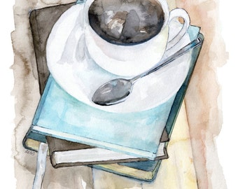 Coffee Mug Painting - Print from Original Watercolor Painting, "Relax", Kitchen Decor, Coffee Cup, Books, Coffee Art