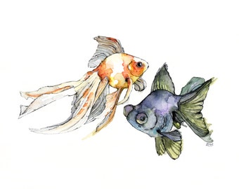 抽象的な油彩画 魚の描写　“遡上する金魚” 水彩画 跳ねる金魚 | 工房 和み