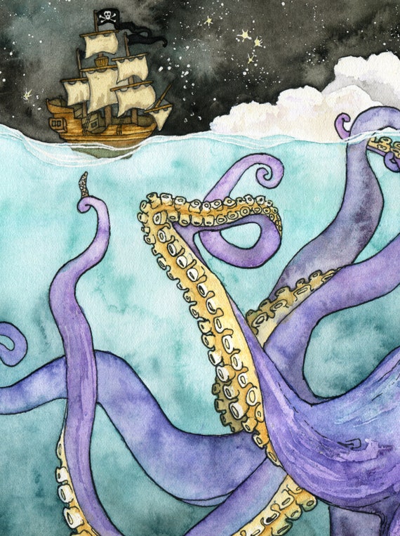 タコと船の絵画 - タコの版画、海賊船の絵画、タコのアート、海賊の