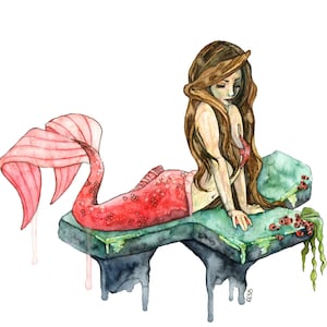 Watercolor Mermaid Painting, Mermaid Print, Mermaid Art, Mermaid Decor, Watercolor Painting, Mermaid, Sea, Print titled, "Hidden Grotto"