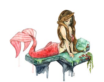 Watercolor Mermaid Painting, Mermaid Print, Mermaid Art, Mermaid Decor, Watercolor Painting, Mermaid, Sea, Print titled, "Hidden Grotto"
