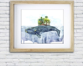 クジラの絵画、水彩画、クジラの島、クジラのアート、ビーチの装飾