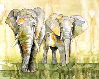 Watercolor Painting, Elephant Painting, Elephant Print, Elephant Decor, Elephant Nursery, Watercolor Print, Print Titled "Savannah March"