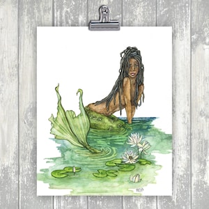 Mermaid Painting, Watercolor Painting, Mermaid Art, Mermaid Decor, Mermaid Print, Nursery Art, Waterlily, Print titled, The River Guardian image 2