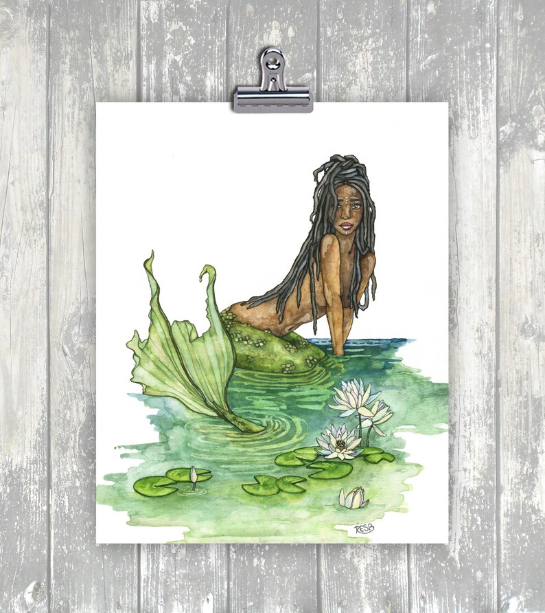 Mermaid Painting, Watercolor Painting, Mermaid Art, Mermaid Decor, Mermaid Print, Nursery Art, Waterlily, Print titled, The River Guardian image 2