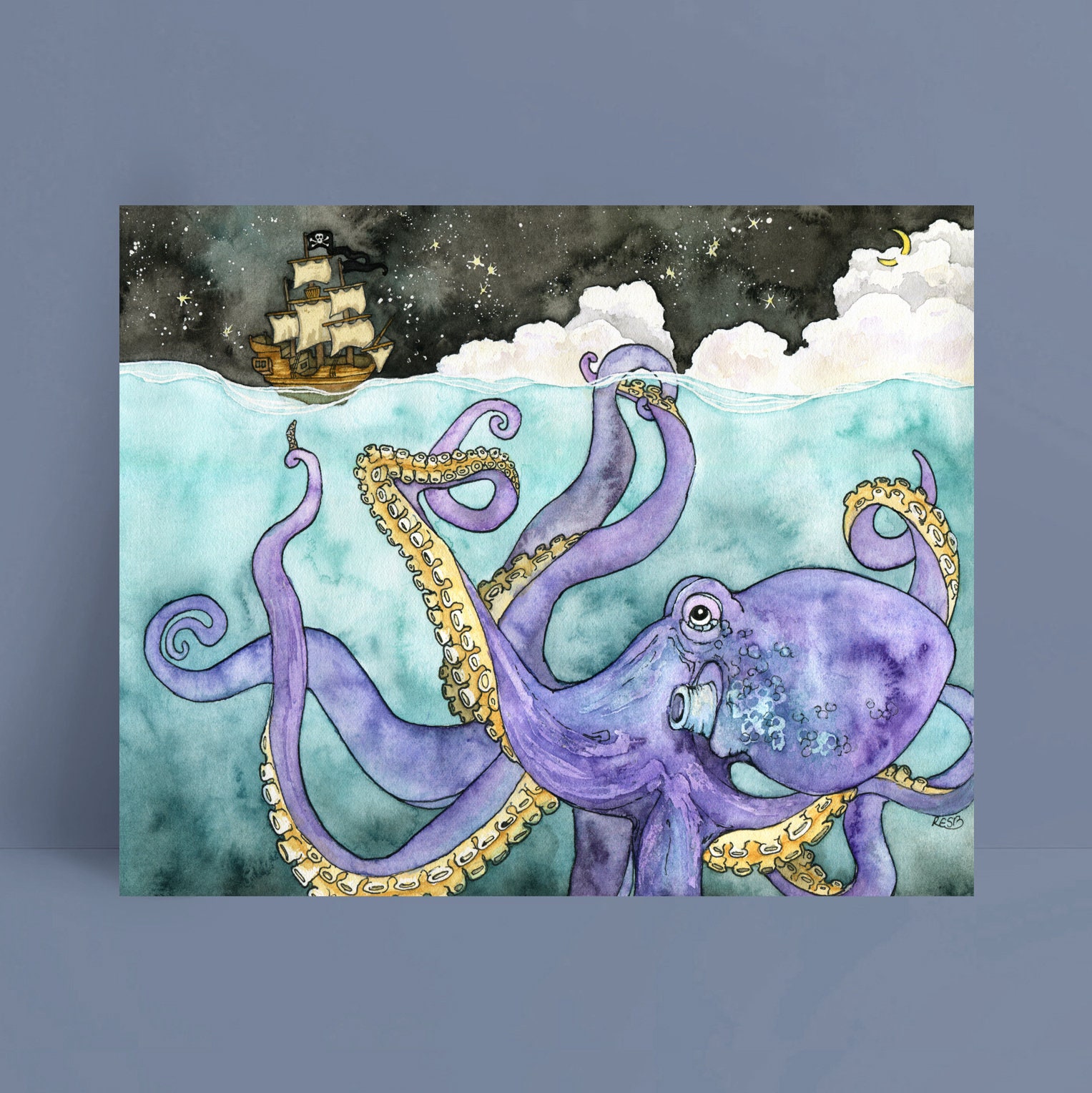 タコと船の絵画 - タコの版画、海賊船の絵画、タコのアート、海賊の