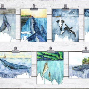 Whale Painting, Watercolor Painting, Whale Print, Whale and Boat, Whale Art, Whale Nursery, Humpback Whale, Print titled, Fathoms Below image 7