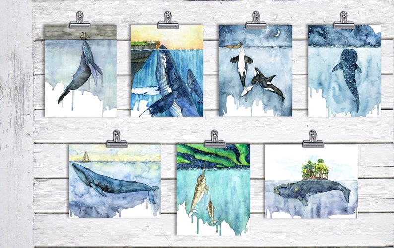 Whale Painting, Watercolor Painting, Whale Print, Whale and Boat, Whale Art, Whale Nursery, Humpback Whale, Print titled, Fathoms Below image 7