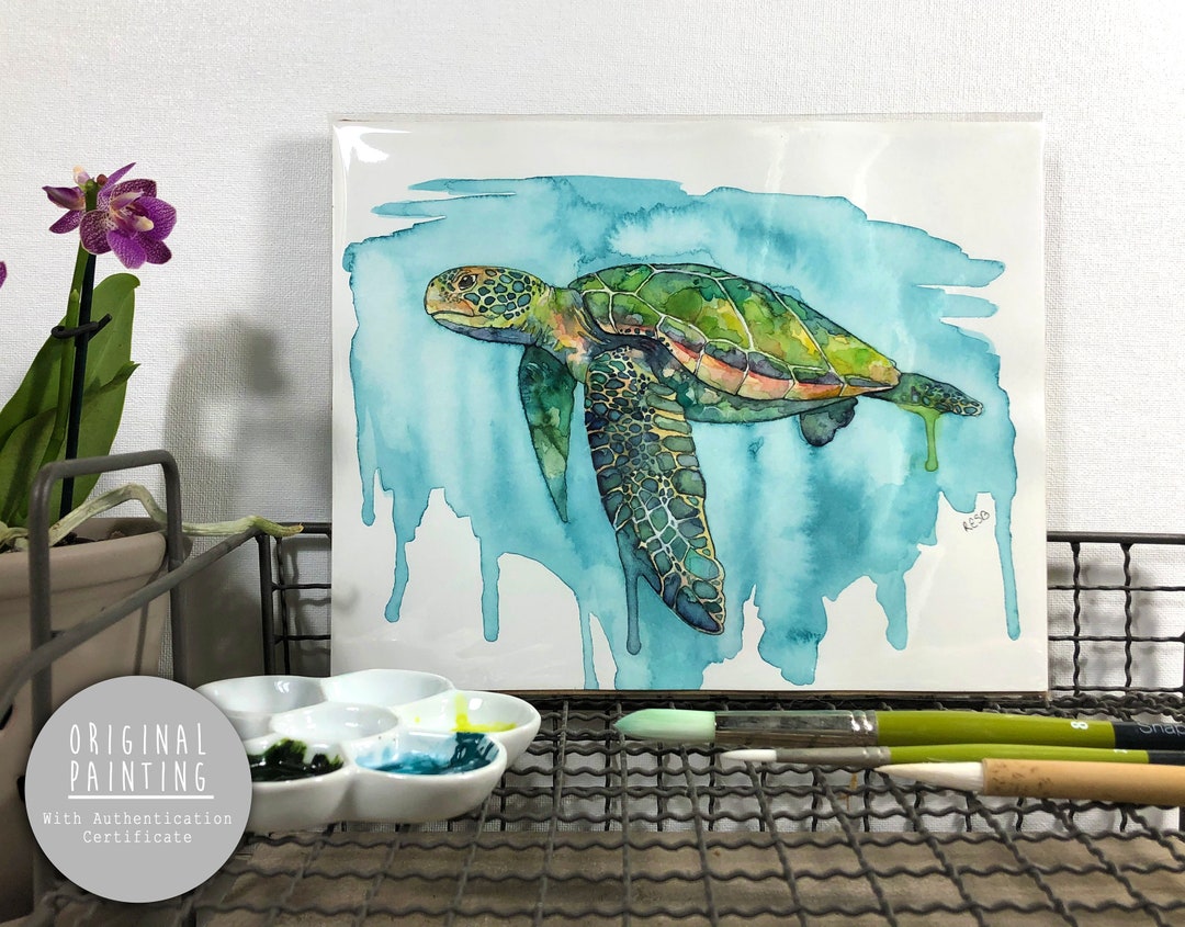 オリジナルの水彩画、ウミガメの絵画 - 「ホヌ」と題された絵画