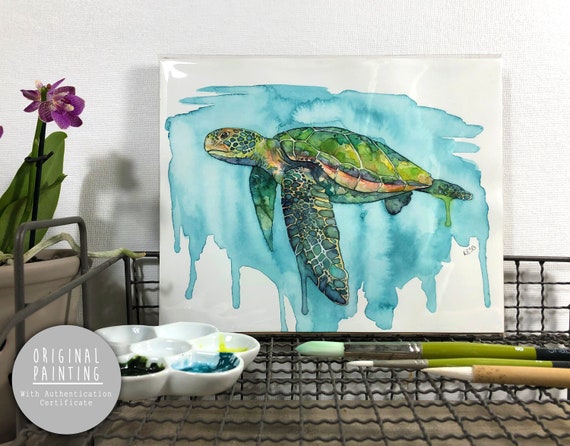 オリジナルの水彩画、ウミガメの絵画 - 「ホヌ」と題された絵画