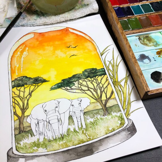 水彩画、象の絵、サバンナ、アフリカのサバンナ、象のアート、水彩画