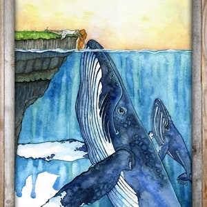 Whale Art, Watercolor Painting, Whale Painting, Whale and Girl, Whale Print, Nursery Art, Humpback Whale, Print titled, The Fisherman's... image 5
