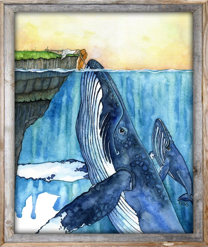 Whale Art, Watercolor Painting, Whale Painting, Whale and Girl, Whale Print, Nursery Art, Humpback Whale, Print titled, The Fisherman's... image 5