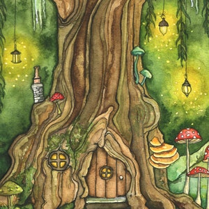 May include: A watercolor painting of a tree with a small door and a window in the trunk. The tree is surrounded by green foliage and mushrooms. There are also glowing lights hanging from the branches.