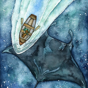 XLARGE Watercolor Manta Ray Painting - Sizes 16x20 and up, Manta Ray, Manta Ray Print, Night Sky, Celestial, Beach Decor
