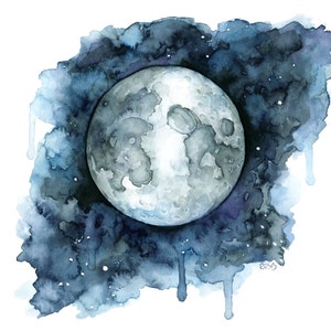 Watercolor Painting, Moon Painting, Moon Print, Moon Phase, Full Moon, Night Sky Print, Night Sky, Stars, Moon,Print titled,"Goodnight Moon"