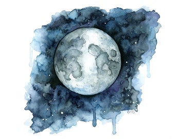 Watercolor Painting, Moon Painting, Moon Print, Moon Phase, Full Moon, Night Sky Print, Night Sky, Stars, Moon,Print titled,"Goodnight Moon"