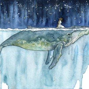 Whale Rider Print - Watercolor Painting of Girl on Whale&#39;s Back, Customizable Print, Celestial Whale Print, Nursery Art