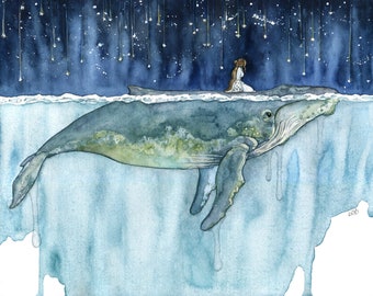 Whale Rider Print - Watercolor Painting of Girl on Whale's Back, Customizable Print, Celestial Whale Print, Nursery Art