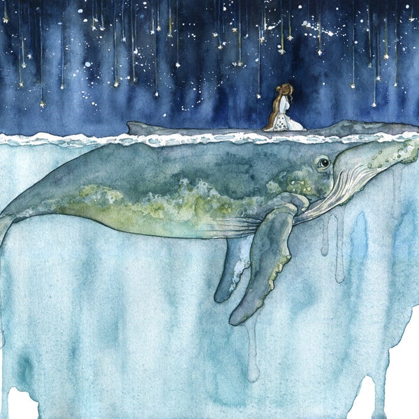 Celestial Cosmic Whale and Girl Print – Ethereal Watercolor, Whale Fantasy Art, Night Sky Wall Decor, Starry Ocean Illustration, Magical Sea