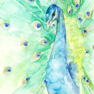 Peacock Painting - Print from Original Watercolor Painting, "Iridescent", Bird, Peacock Feather, Emerald Green, Blue