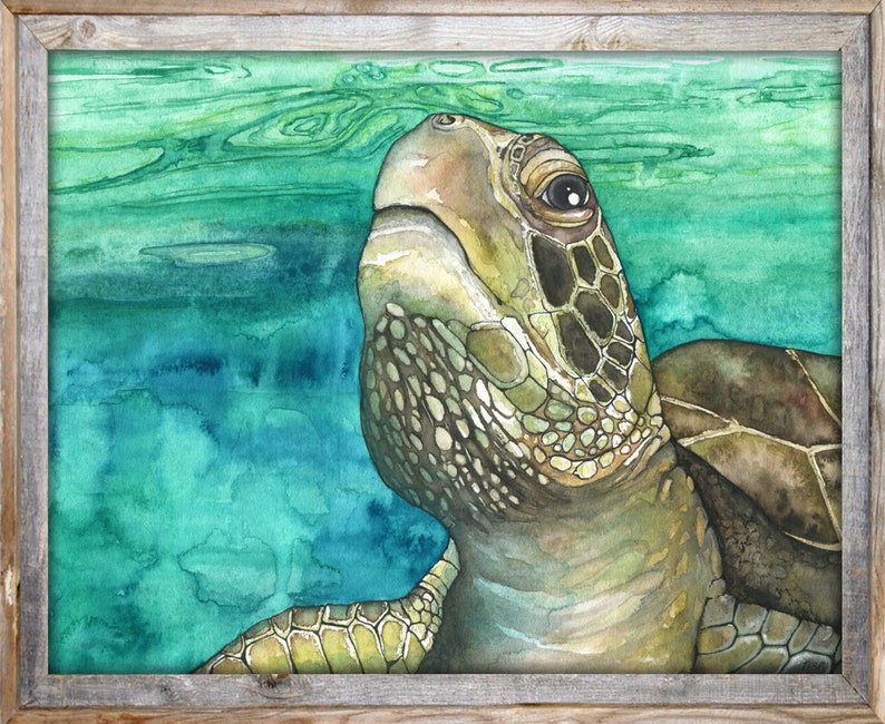 May include: A watercolor painting of a sea turtle swimming in turquoise water. The turtle's head is turned upwards, and its eye is visible. The turtle's shell is brown and green, and its skin is a light brown.