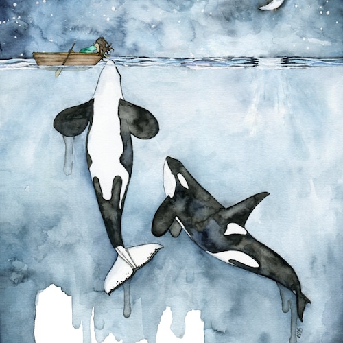 Impression aquarelle orque - art mural océan, orque et art fillette, décoration de chambre d'enfant Sea Life, impression Sea Life, art côtier, cadeau animal marin