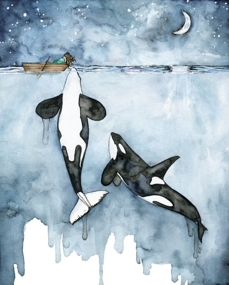 Orca Malerei, Aquarell Malerei, Walmalerei, Orca und Mädchen, Schwertwal, Wal-Kinderzimmer, Wal-Druck, Jungen und Mädchen-Versionen verfügbar Bild 1