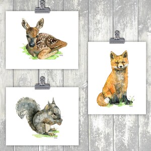 Woodland Nursery Animals Set of 3 - Watercolor Prints, Baby Animal Watercolor, Woodland Animals, Print Set, Nursery Prints, Nursery Wall Art