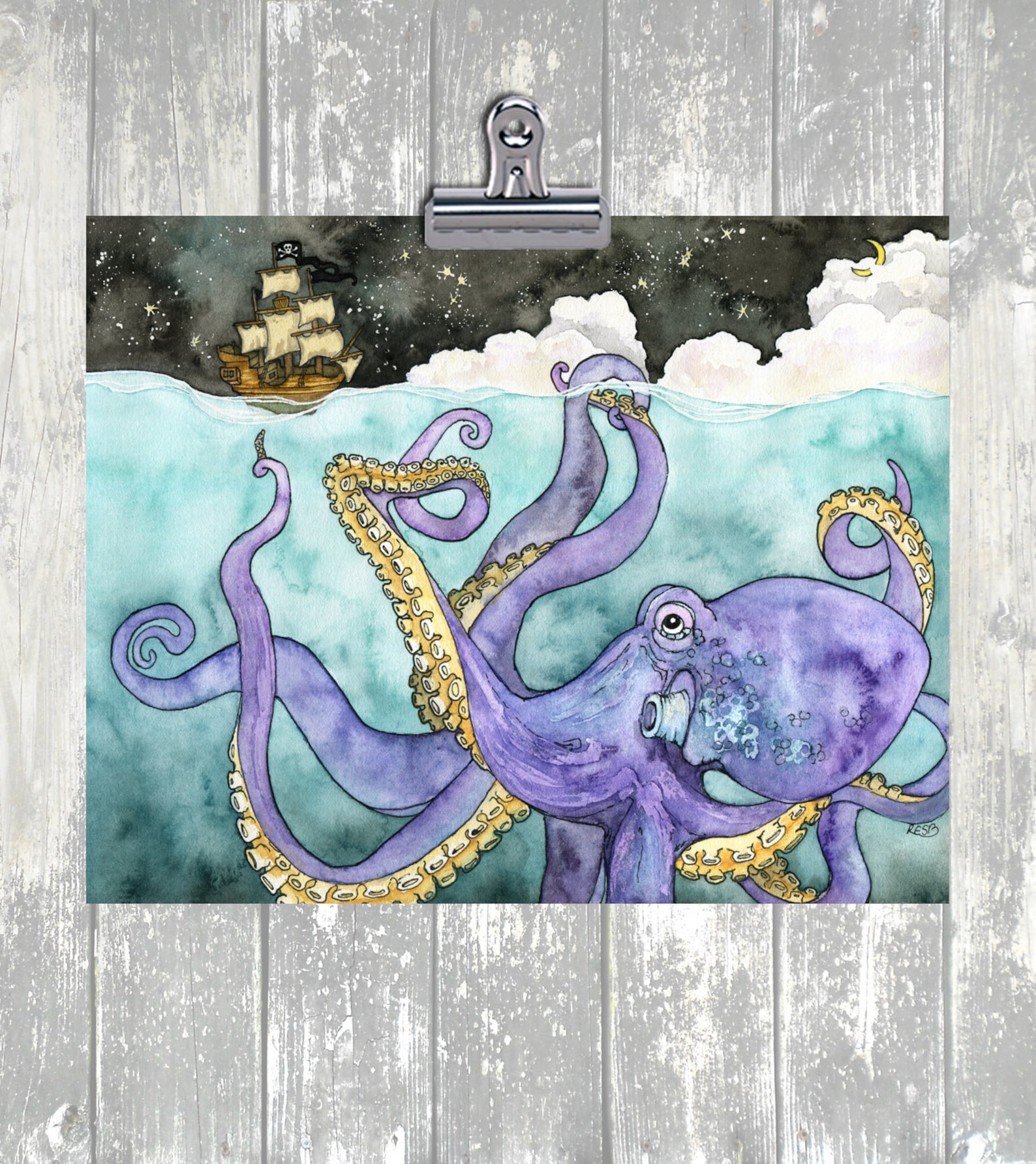Octopus and Ship Painting - Print of Octopus, Pirate Ship Painting ...