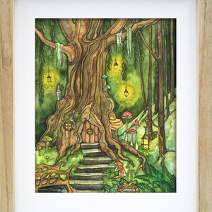 May include: A watercolor painting of a whimsical treehouse nestled in a lush green forest. The treehouse has a small door and a window, and is surrounded by mushrooms and glowing lanterns. A wooden bench sits in front of the treehouse, inviting visitors to relax and enjoy the magical atmosphere.