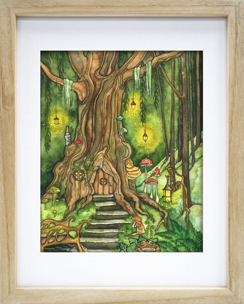 May include: A watercolor painting of a whimsical treehouse nestled in a lush green forest. The treehouse has a small door and a window, and is surrounded by mushrooms and glowing lanterns. A wooden bench sits in front of the treehouse, inviting visitors to relax and enjoy the magical atmosphere.