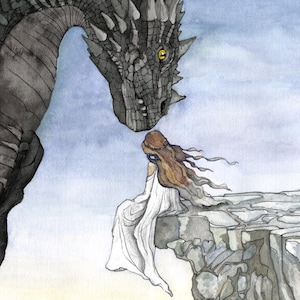 May include: A watercolor painting of a black dragon looking down at a woman sitting on a cliff edge. The woman is wearing a white dress and has long red hair.