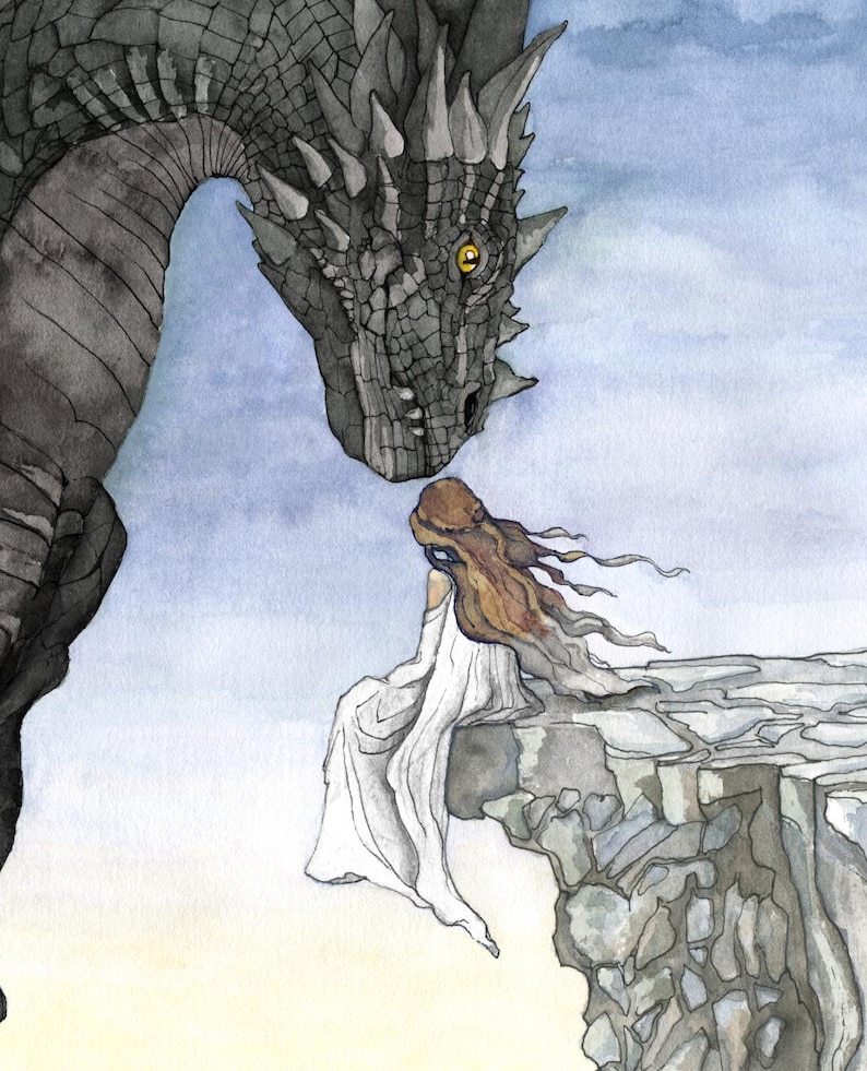 May include: A watercolor painting of a black dragon looking down at a woman sitting on a cliff edge. The woman is wearing a white dress and has long red hair.