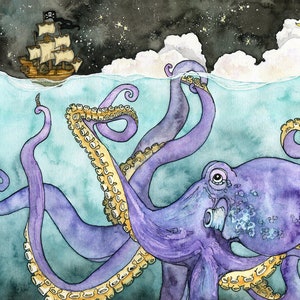 Oktopus und Schiff Gemälde - Druck von Oktopus, Piraten Schiff Malerei, Oktopus Kunst, Piraten Druck, Kinderzimmer Kunst, Nautische Kunst, Strand Kunst, Kraken
