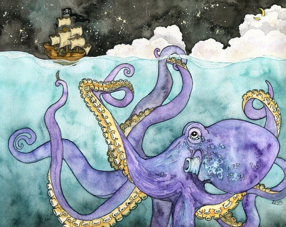 タコと船の絵画 - タコの版画、海賊船の絵画、タコのアート、海賊の