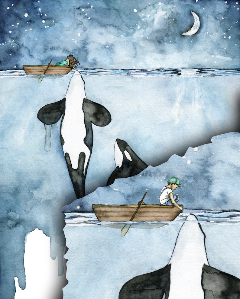 Peinture orque, aquarelle, peinture baleine, orque et fille, épaulard, chambre d'enfant baleine, impression baleine, versions garçon et fille disponibles image 3