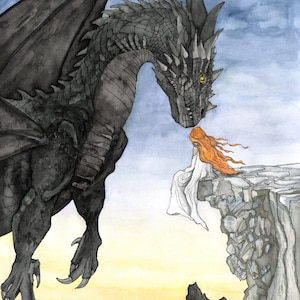 May include: A black dragon with yellow eyes looks down at a woman with long red hair sitting on a cliff. The dragon has a long, pointed snout and sharp claws. The woman is wearing a white dress and has her hair flowing in the wind. The background is a watercolor painting of a sunset sky and mountains.