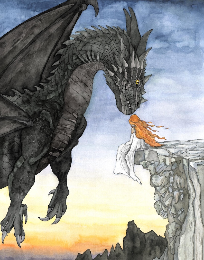 May include: A black dragon with yellow eyes looks down at a woman with long red hair sitting on a cliff. The dragon has a long, pointed snout and sharp claws. The woman is wearing a white dress and has her hair flowing in the wind. The background is a watercolor painting of a sunset sky and mountains.