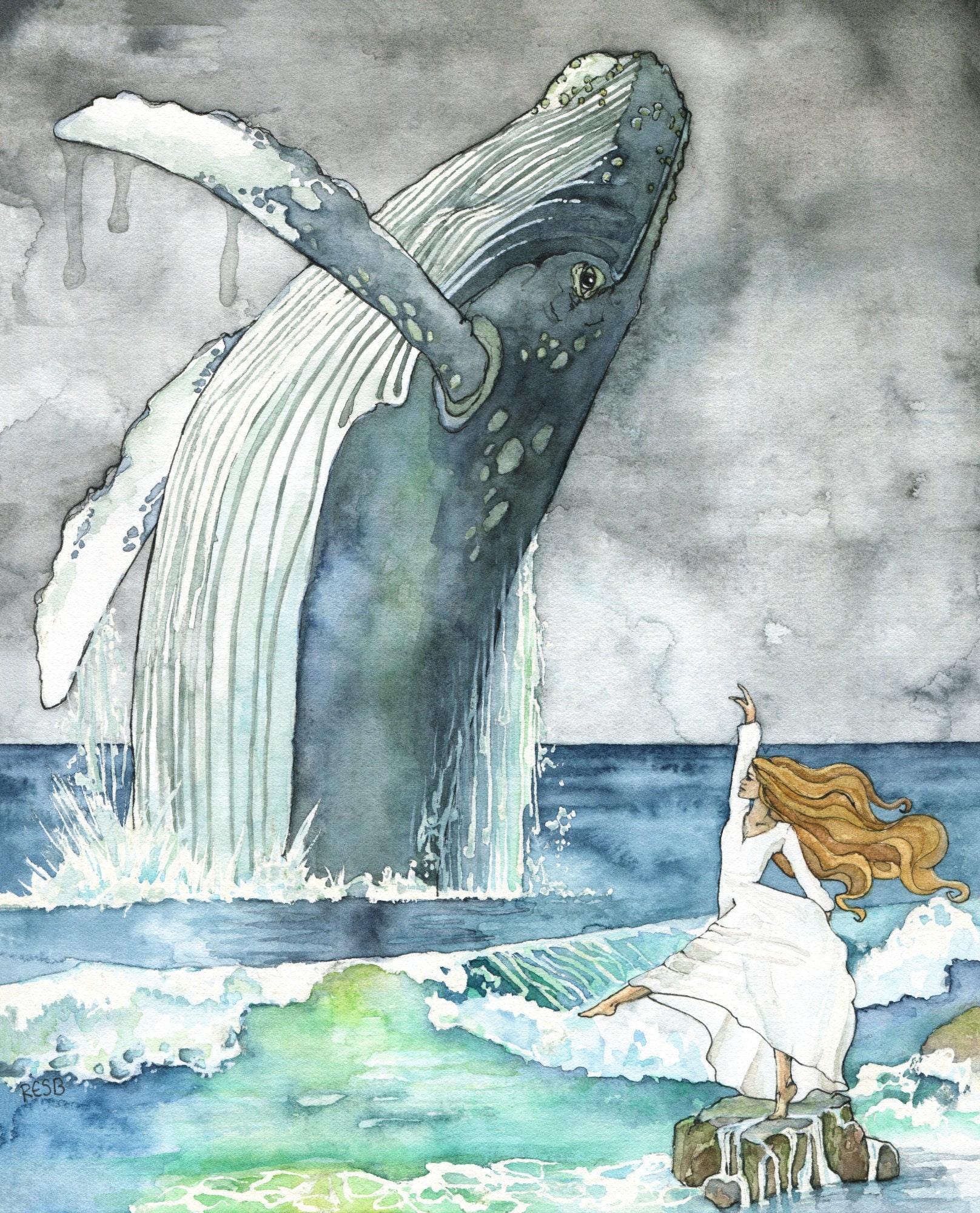 クジラとダンサーの絵画 - クジラと少女のプリント、クジラの絵画