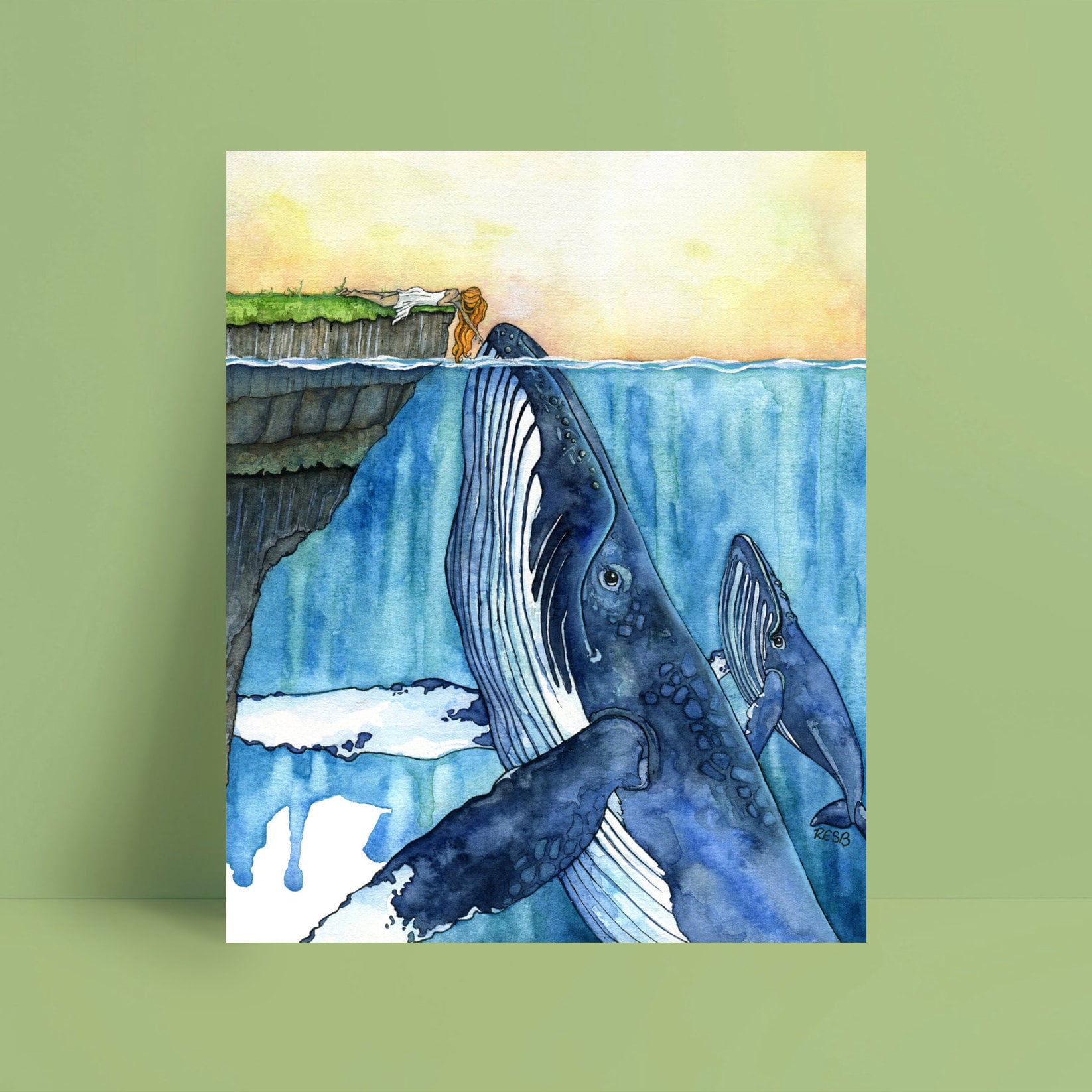 油彩画 ザトウクジラ クジラの絵 ネイビーブルー 航海 オリジナル 水彩 ザトウクジラ