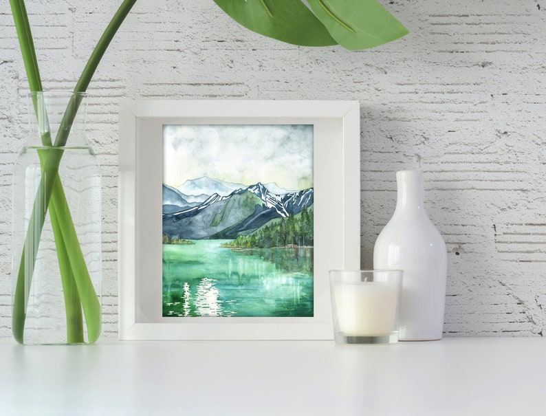 Mountain Lake Painting Print of Mountain Landscape, Forest Print, Watercolor Landscape, Abstract Art image 4