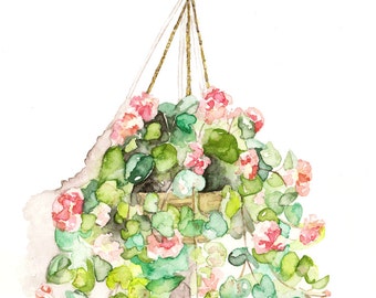 Hanging Flowers Painting - Print from Original Watercolor Painting, "Hanging Geraniums", Botanical, Red Geranium, Watercolor Flowers