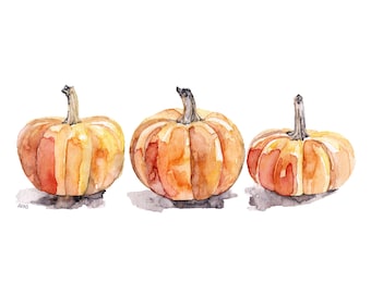 Watercolor Pumpkins Print - Painting Titled,"Three Pumpkins", Fall Decor, Orange, Halloween, Pumpkin Decor, Fall Prints, Pumpkin Painting