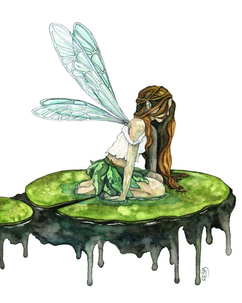 May include: Watercolor painting of a fairy with green wings sitting on a large green lily pad. The fairy has long brown hair and is wearing a white dress with a green skirt. The lily pad is dripping with water.
