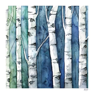 Watercolor Birch Trees Painting - Print Titled, "Blue Birch Forest", Birch Tree Art, Birch Tree Painting, Fall Decor, Birch Tree Wall Decal