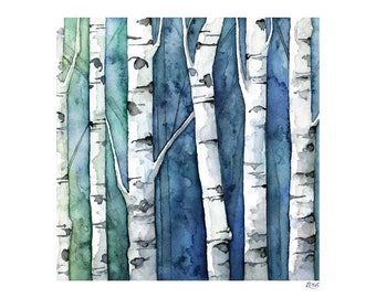 Watercolor Birch Trees Painting - Print Titled, "Blue Birch Forest", Birch Tree Art, Birch Tree Painting, Fall Decor, Birch Tree Wall Decal
