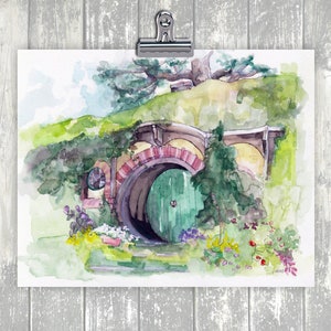 May include: A watercolor painting of a hobbit hole with a green door. The door is surrounded by lush greenery and flowers. The hobbit hole is built into a hillside and has a brick archway.