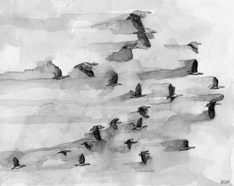 Geese Painting, Watercolor Painting, Flock of Geese, Black and White Art, Bird Prints, Flying Geese, Bird Art, Goose, Print titled, "Flock"